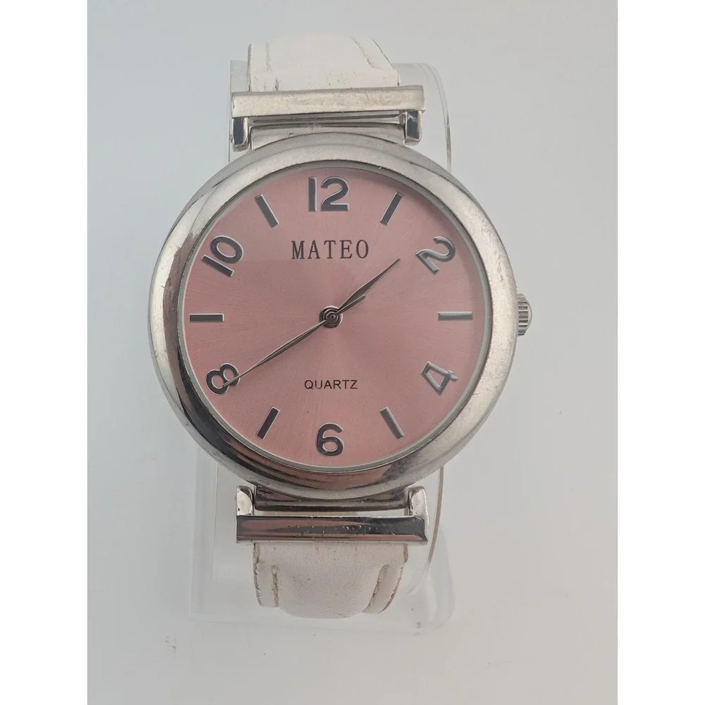 Mateo Watch Women 38mm Case Pink Dial White Leather Band- New‎ Battery